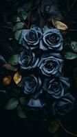 a group of dark blue roses on a black background generative ai photo