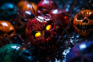 a group of colorful halloween skulls with glowing eyes generative ai photo