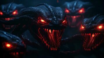a group of demon heads with glowing red eyes generative ai photo
