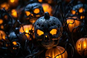 a group of halloween pumpkins and skulls in the dark generative ai photo