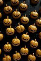 a group of halloween pumpkins on a black surface generative ai photo