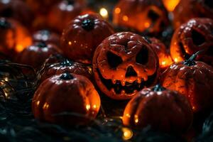 a group of halloween pumpkins on a dark background generative ai photo