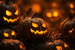 a group of halloween pumpkins with glowing eyes generative ai photo