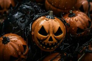 a group of halloween pumpkins with water droplets on them generative ai photo