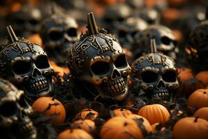 a group of halloween skulls surrounded by pumpkins generative ai photo