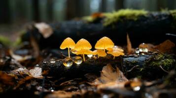 un grupo de hongos en el bosque con agua gotas en ellos generativo ai foto