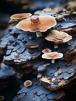 a group of mushrooms growing on a piece of wood generative ai photo