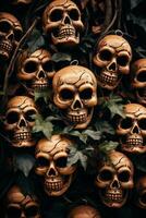 a group of halloween skulls with leaves on them generative ai photo
