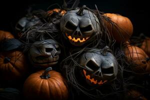 a group of pumpkins with carved faces on them generative ai photo
