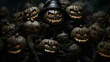 a group of pumpkins with scary faces on them generative ai photo