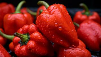 un grupo de rojo pimientos con agua gotas en ellos generativo ai foto