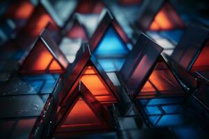 un grupo de rojo y azul triangulos en un oscuro antecedentes generativo ai foto
