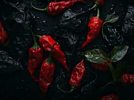 a group of red hot peppers on a black background generative ai photo