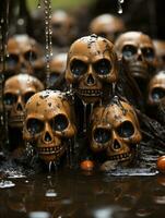 a group of skulls sitting in a puddle of water generative ai photo