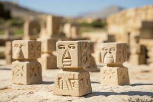 a group of stone statues with faces on them generative ai photo
