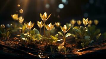 a group of small yellow flowers growing in the dark generative ai photo