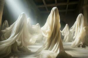 a group of white ghostly figures in a room generative ai photo