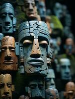 a group of wooden masks with faces on them generative ai photo