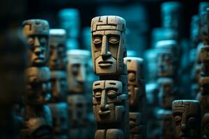un grupo de de madera estatuas con caras en ellos generativo ai foto