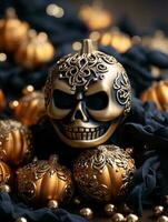 a halloween decoration with a gold skull on top of a bunch of pumpkins generative ai photo