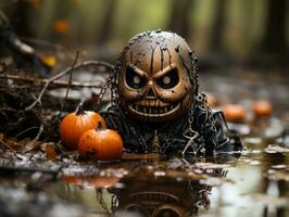 a halloween mask in the water with pumpkins generative ai photo