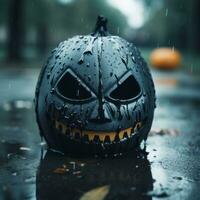 a halloween pumpkin in the rain generative ai photo