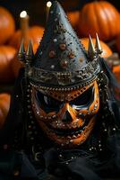 a halloween mask with spikes on it sits on a table surrounded by pumpkins generative ai photo