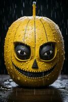 a halloween pumpkin in the rain with a creepy face generative ai photo