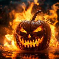 a halloween pumpkin on fire with flames coming out of it generative ai photo