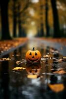 a halloween pumpkin sitting in the middle of a wet road generative ai photo