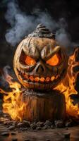 a halloween pumpkin on fire with smoke coming out of it generative ai photo