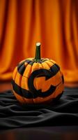 a halloween pumpkin sitting on top of a black cloth generative ai photo