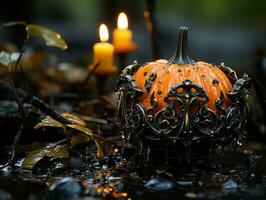 a halloween pumpkin sitting on the ground next to a lit candle generative ai photo