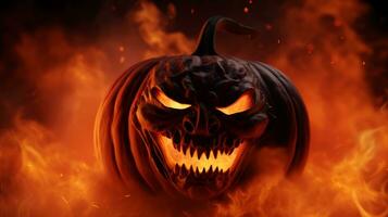 a halloween pumpkin with a scary face on fire generative ai photo