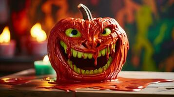 a halloween pumpkin with blood dripping from it generative ai photo