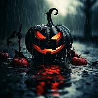 a halloween pumpkin with glowing eyes in the rain generative ai photo