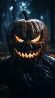 a halloween pumpkin with glowing eyes in the dark generative ai photo