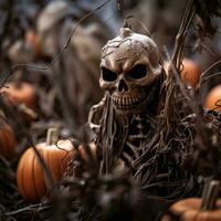 a halloween skeleton is surrounded by pumpkins generative ai photo