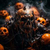 a halloween skull surrounded by pumpkins generative ai photo