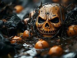 a halloween skull surrounded by orange pumpkins generative ai photo