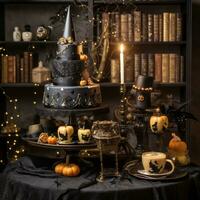 a halloween themed cake sits on a table in front of a bookshelf generative ai photo