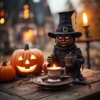 a halloween witch sitting on a table with a candle and pumpkins generative ai photo