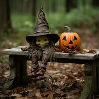 a halloween witch sitting on a bench with a pumpkin generative ai photo