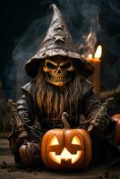 a halloween witch sitting on a table with a pumpkin generative ai photo
