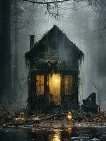 a haunted house in the woods at night generative ai photo