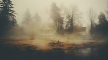 a house in the middle of a foggy field generative ai photo