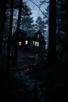 un casa en el bosque a noche generativo ai foto