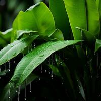 un grande verde hoja con agua gotas en eso generativo ai foto