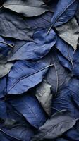 a large group of dark blue leaves on a black background generative ai photo