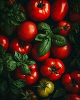 a large group of red tomatoes on a black background generative ai photo